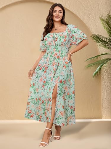 SHESTARR Women's Plus Size Summer Milkmaid Dress Short Sleeve Square Neck Tie Front Split A-Line Boho Casual Dress Green Floral - Image 2