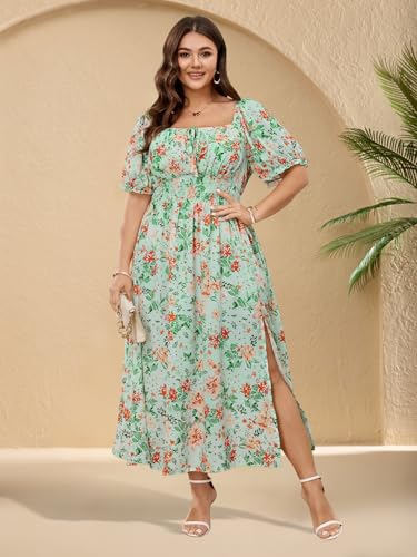 SHESTARR Women's Plus Size Summer Milkmaid Dress Short Sleeve Square Neck Tie Front Split A-Line Boho Casual Dress Green Floral - Image 3