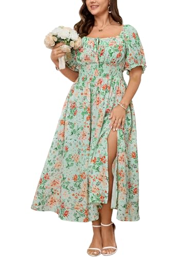 SHESTARR Women's Plus Size Summer Milkmaid Dress Short Sleeve Square Neck Tie Front Split A-Line Boho Casual Dress Green Floral - Image 1