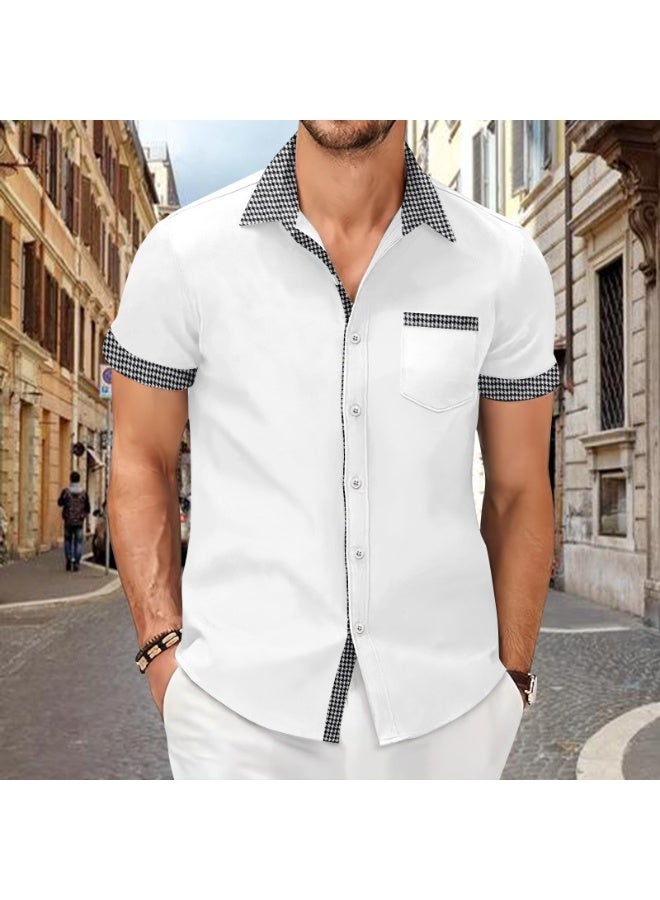 Men Cotton Linen Plaid  Shirts Summer Spring Turn Down Collar Buttonshort sleeve Office Man Workwear Tops  - Image 1