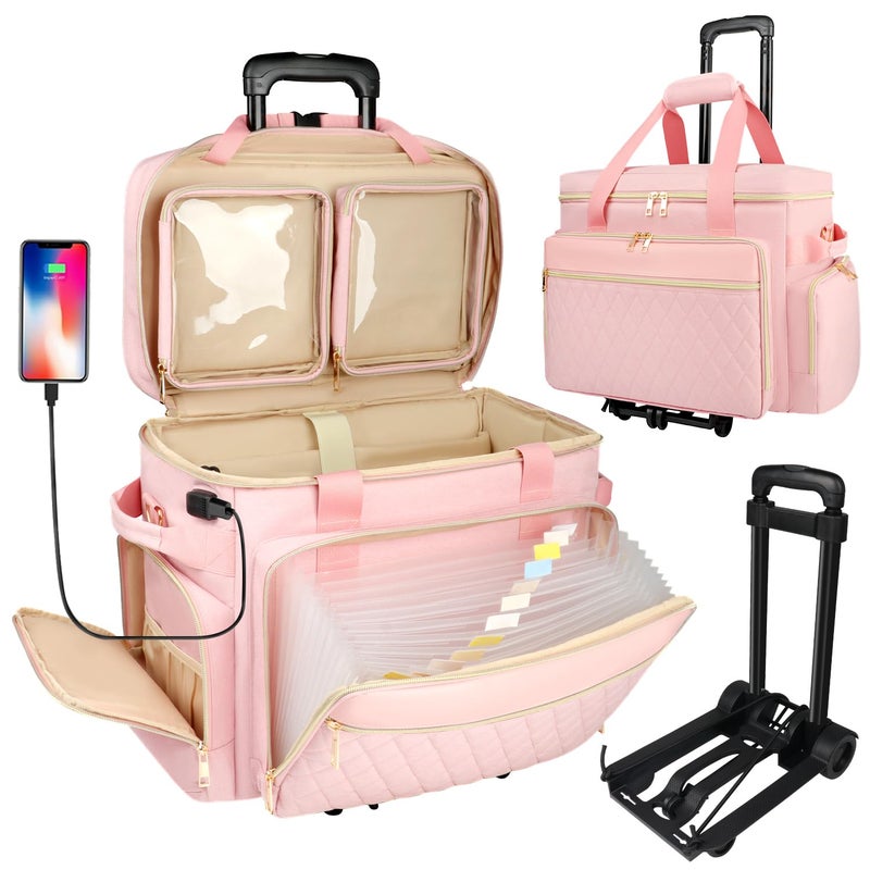 SIYNPAV Rolling Teacher Bag with Accordion File Organizer, USB Port& 15.6 Inch Laptop Compartment, Wheeled Teacher Tote Bag with Detachable Trolley for Teaching& Office Supplies Storage (Pink) - Image 1