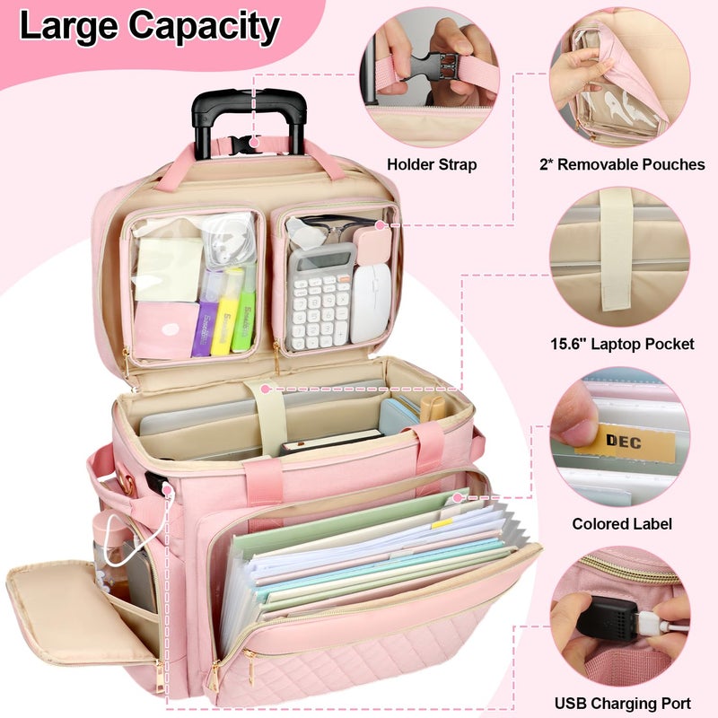 SIYNPAV Rolling Teacher Bag with Accordion File Organizer, USB Port& 15.6 Inch Laptop Compartment, Wheeled Teacher Tote Bag with Detachable Trolley for Teaching& Office Supplies Storage (Pink) - Image 3
