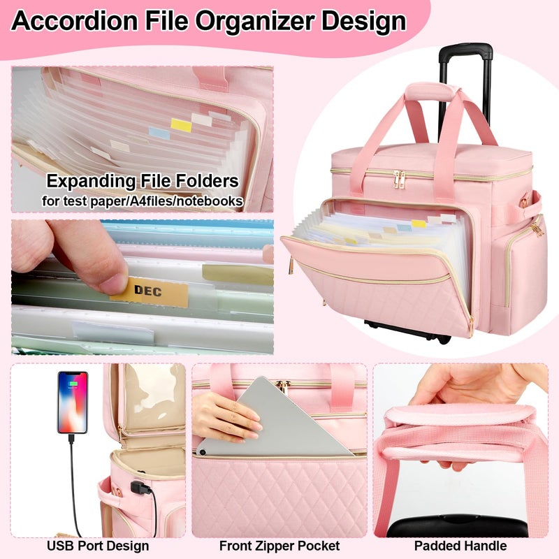 SIYNPAV Rolling Teacher Bag with Accordion File Organizer, USB Port& 15.6 Inch Laptop Compartment, Wheeled Teacher Tote Bag with Detachable Trolley for Teaching& Office Supplies Storage (Pink) - Image 5