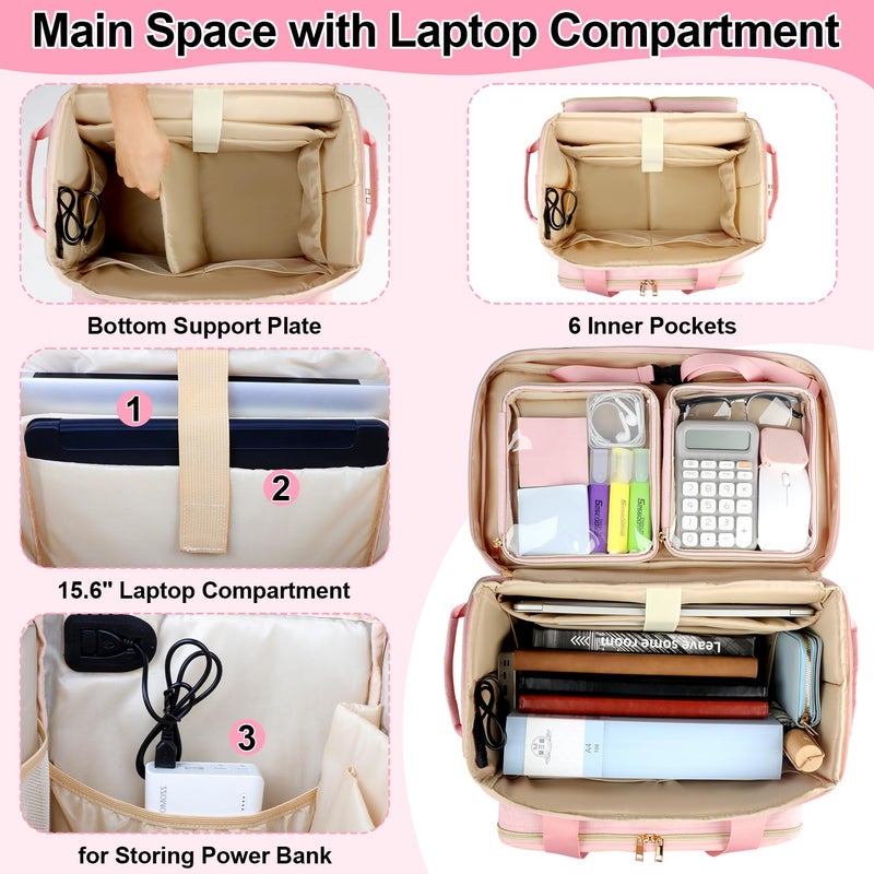 SIYNPAV Rolling Teacher Bag with Accordion File Organizer, USB Port& 15.6 Inch Laptop Compartment, Wheeled Teacher Tote Bag with Detachable Trolley for Teaching& Office Supplies Storage (Pink) - Image 4