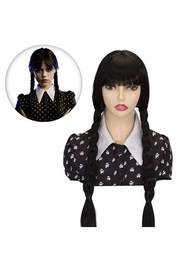 FVCENT Wednesday Addams Wig 26" Long Black Braided Wigs for Women Girls Wednesday Costume Wig with bangs for Halloween Party Costume (Wednesday) (Adult) - Image 1
