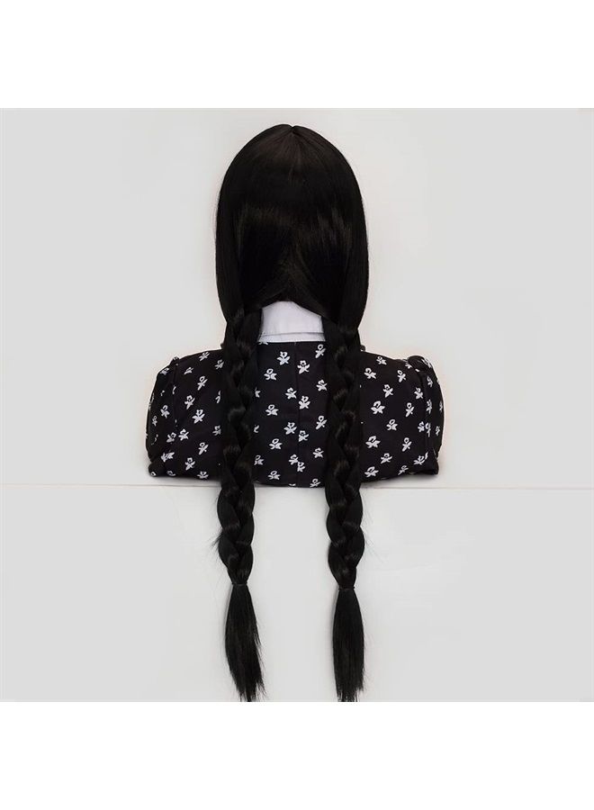 FVCENT Wednesday Addams Wig 26" Long Black Braided Wigs for Women Girls Wednesday Costume Wig with bangs for Halloween Party Costume (Wednesday) (Adult) - Image 4