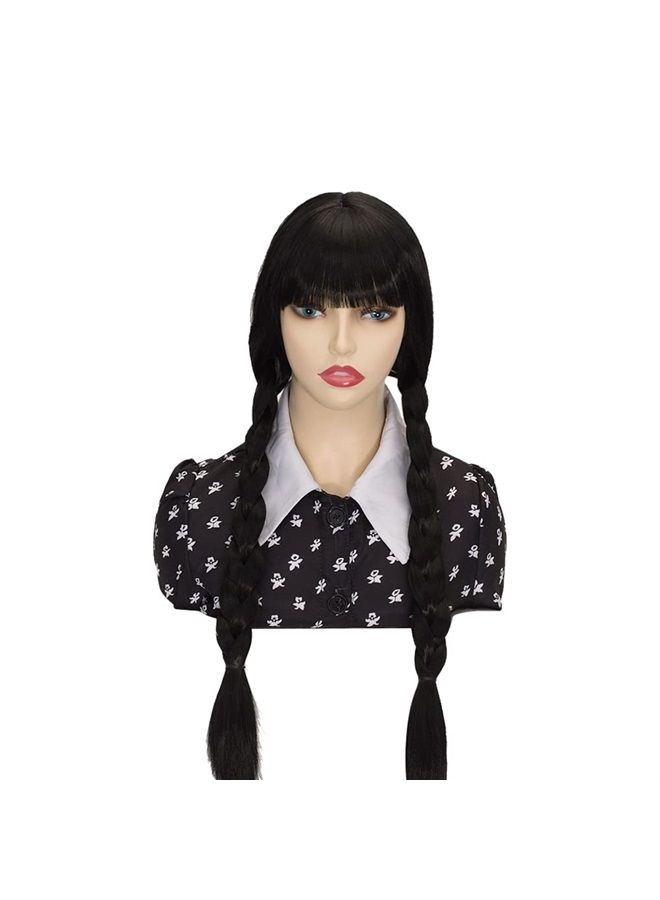 FVCENT Wednesday Addams Wig 26" Long Black Braided Wigs for Women Girls Wednesday Costume Wig with bangs for Halloween Party Costume (Wednesday) (Adult) - Image 5