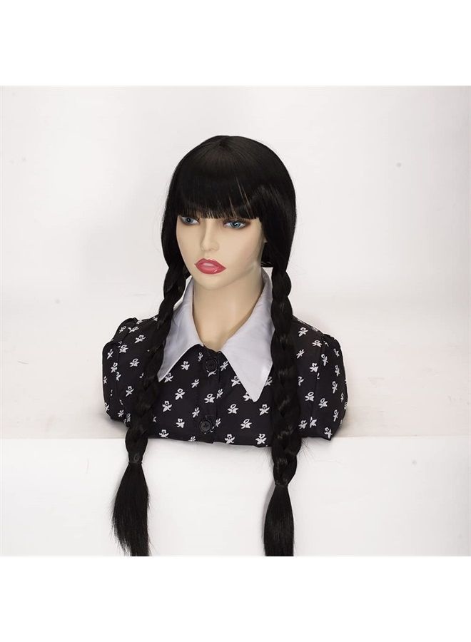 FVCENT Wednesday Addams Wig 26" Long Black Braided Wigs for Women Girls Wednesday Costume Wig with bangs for Halloween Party Costume (Wednesday) (Adult) - Image 3