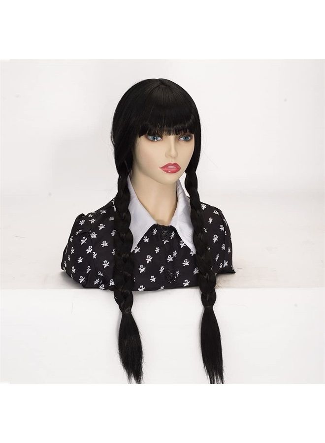 FVCENT Wednesday Addams Wig 26" Long Black Braided Wigs for Women Girls Wednesday Costume Wig with bangs for Halloween Party Costume (Wednesday) (Adult) - Image 2