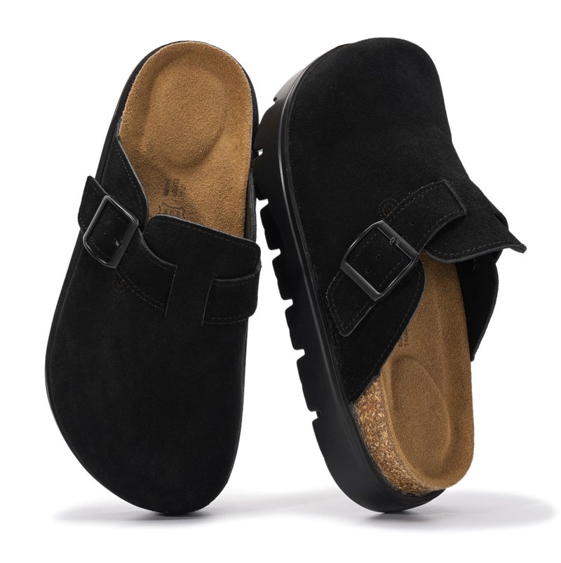 Project Cloud 100% Genuine Leather Platform Clogs for Women Footwear - Memory Foam Arch Support Cork Footbed Casual Shoes & Mules for Women 2026 (Benton Chunky, BLACKMONO, 9) - Image 1