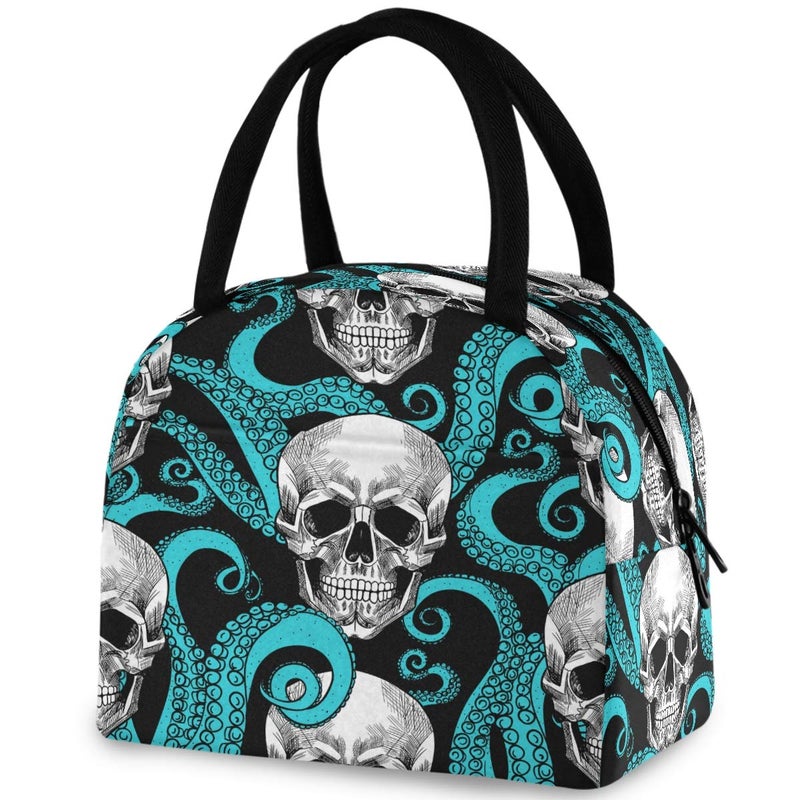 ZzWwR Stylish Skull Turquoise Octopus Tentacles Reusable Lunch Tote Bag with Front Pocket Zipper Closure Insulated Thermal Cooler Container Bag for Man Women Work Picnic Travel Beach Fishing