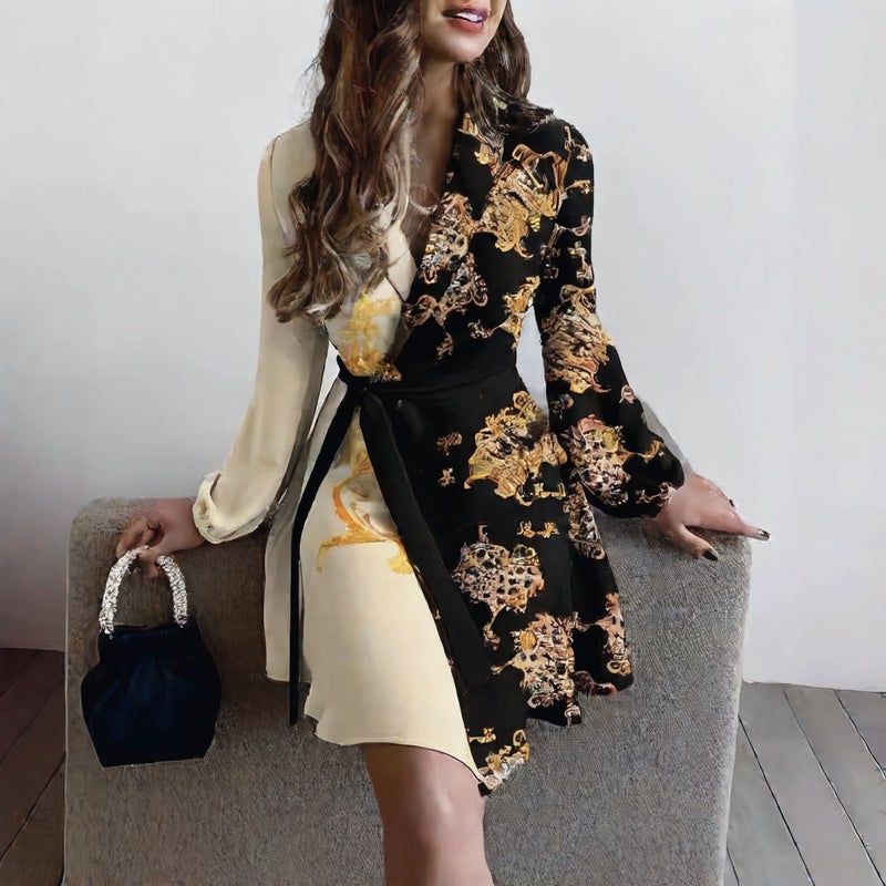 فستان نسائي بأكمام طويلة وخصر مربوط مع طباعة زهور - Image 2