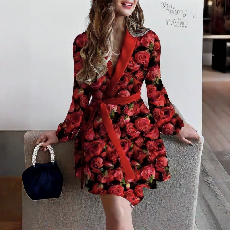 فستان نسائي بأكمام طويلة وخصر مربوط مع طباعة زهور - Image 3