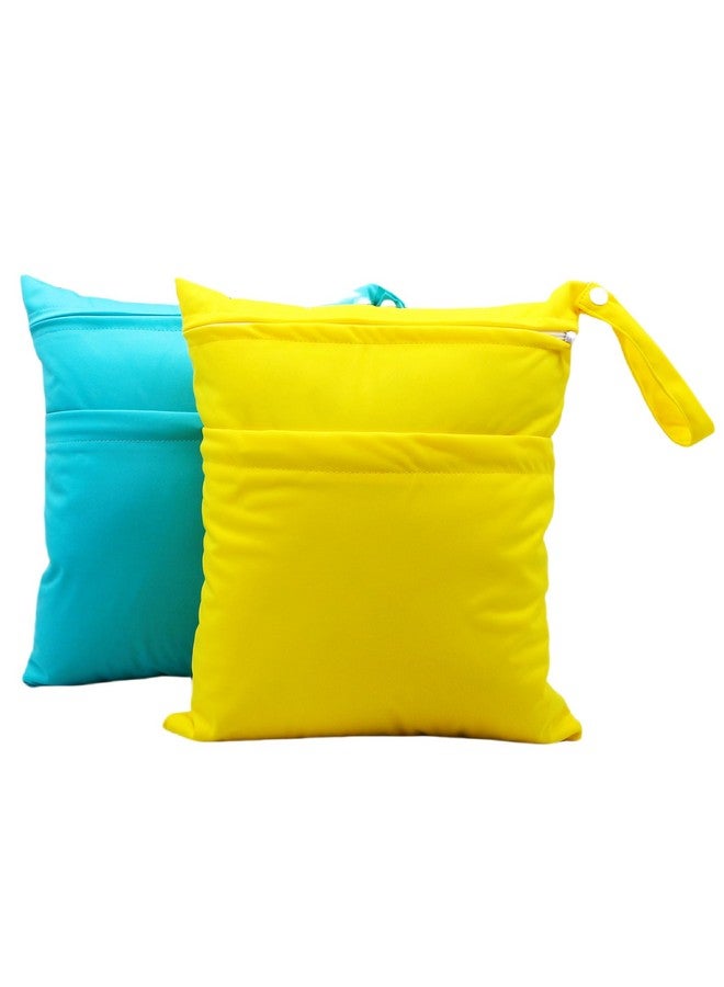 Asenappy أسانابي 2 قطع حقيبة حفاضات قماشية مبللة وجافة مقاومة للماء قابلة لإعادة الاستخدام مع جيبين بسحاب للسفر والشاطئ وحمام السباحة ورعاية الأطفال للأغراض المتسخة للأطفال حقيبة اليوغا أو الصالة الرياضية للملابس السباحة أو الملابس المبللة (3036-2-أصفر+أزرق) - Image 1