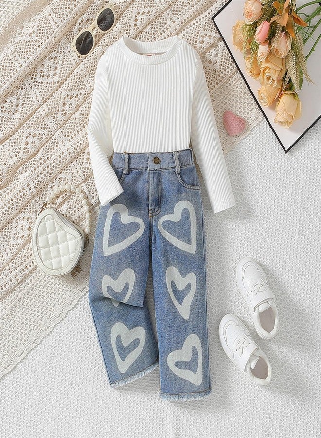 SAYOO Toddler Baby Girls Clothes Fall Winter Ribbed Top Little Kids Girl Denim Outfits Love Heart Jeans Flare Pants 2T 3T 4T (White, 2-3T) - Image 3