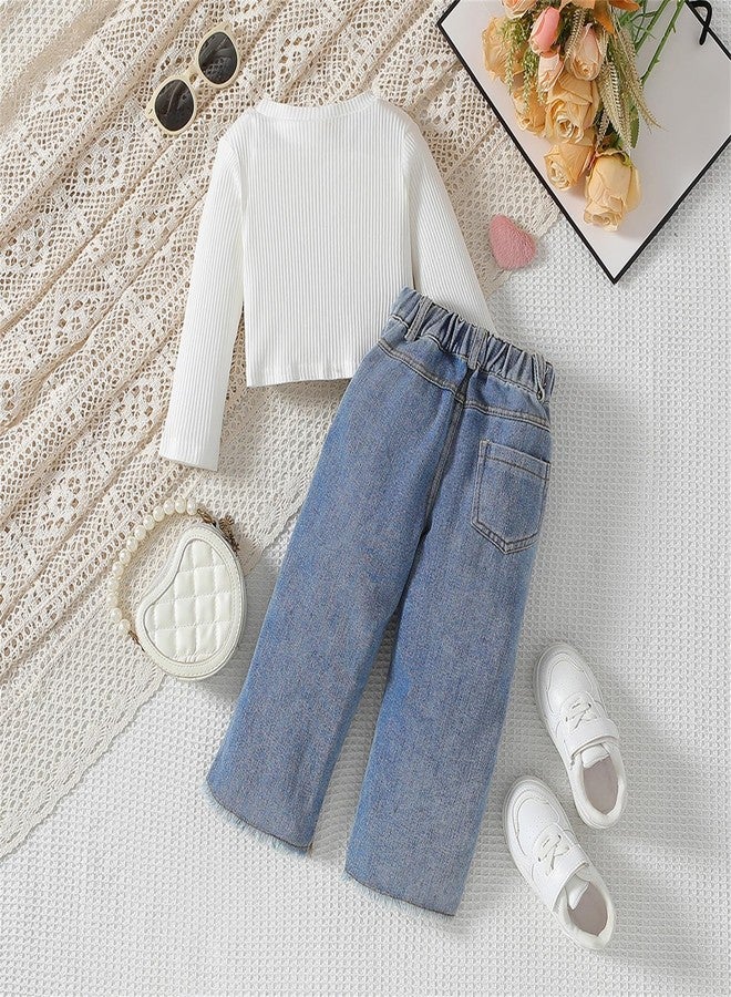 SAYOO Toddler Baby Girls Clothes Fall Winter Ribbed Top Little Kids Girl Denim Outfits Love Heart Jeans Flare Pants 2T 3T 4T (White, 2-3T) - Image 4