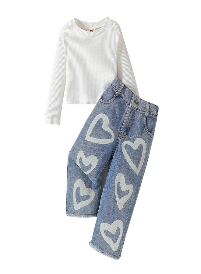 SAYOO Toddler Baby Girls Clothes Fall Winter Ribbed Top Little Kids Girl Denim Outfits Love Heart Jeans Flare Pants 2T 3T 4T (White, 2-3T) - Image 1