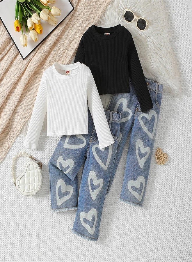 SAYOO Toddler Baby Girls Clothes Fall Winter Ribbed Top Little Kids Girl Denim Outfits Love Heart Jeans Flare Pants 2T 3T 4T (White, 2-3T) - Image 2