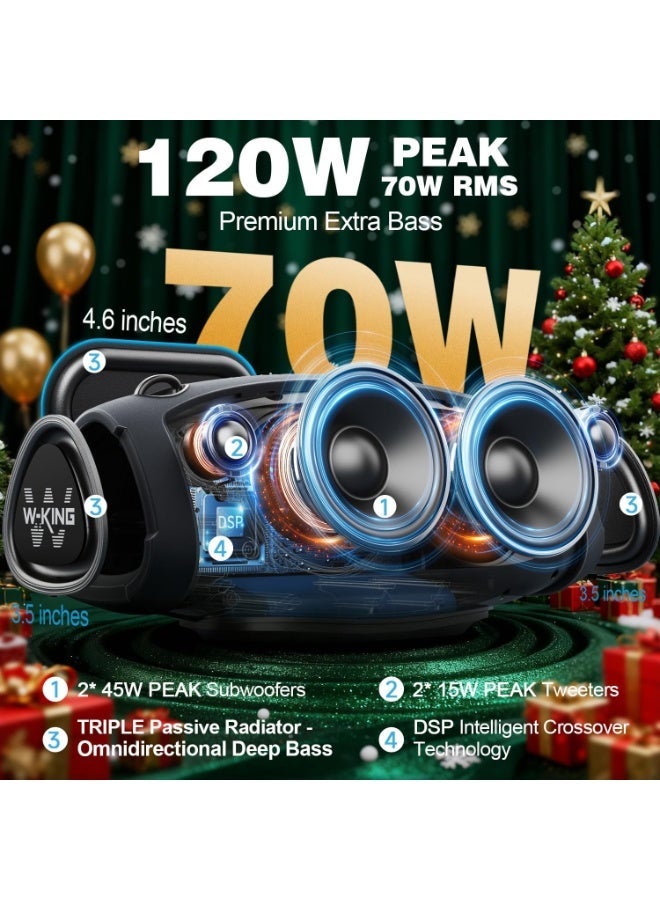 دبليو-كينغ مكبر صوت بلوتوث W-KING عالي الصوت، 70 واط RMS و120 واط ذروة، مكبرات صوت محمولة لاسلكية بتقنية بلوتوث، مقاوم للماء بمعيار IPX6، مكبر صوت كبير للحفلات، مكبر صوت خارجي، مضخم صوت فرعي عدد 2، مشعاع سلبي ثلاثي، صوت جهير عميق، منفذ TF، منفذ AUX، معادل صوت - Image 2