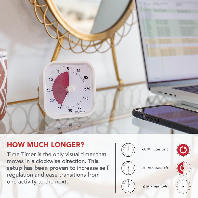 Time Timer Home MOD — 60 Minute Kids Visual Timer Home Edition — For Homeschool Supplies Study Tool, Timer for Kids Desk, Office Desk and Meetings with Silent Operation (Cotton Ball White) - Image 3