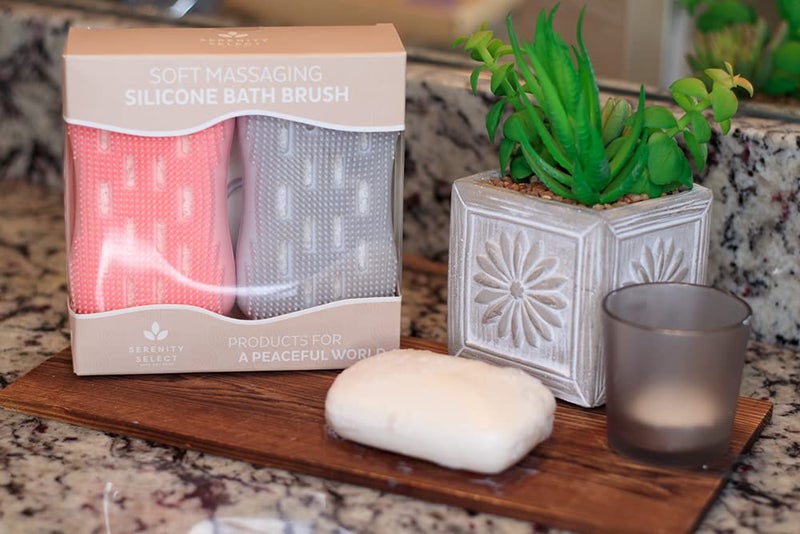 Serenity Select 2 Exfoliating Silicone Body Sponges, Double-Sided Bath or Shower Body Brush, Silicon Loofah/Built-in Sponge – Cleans & Stimulates Circulation. Christmas Stocking, Hanukkah- Pink/Gray - Image 2