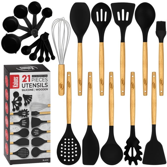 PREMIUM NON STICK SILICONE COOKING UTENSILS SET 21 PCS WOODEN HANDLE SILICONE SPATULA SET 446F HEAT RESISTANT KITCHEN GADGETS HOME ESSENTIALS
