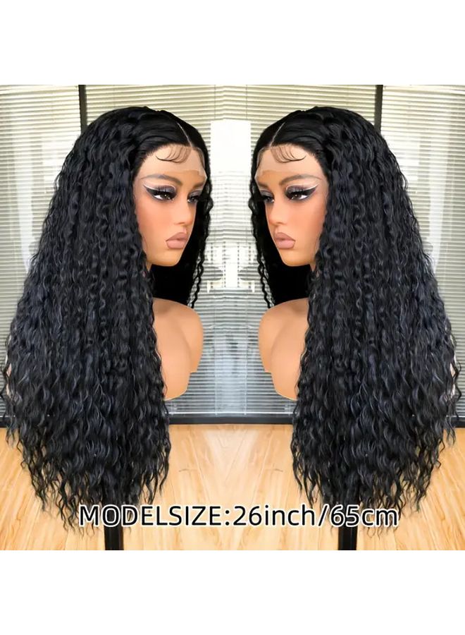 Black 26 Inch Heat Resistant Synthetic Lace Front Wig Water Wave - Image 4