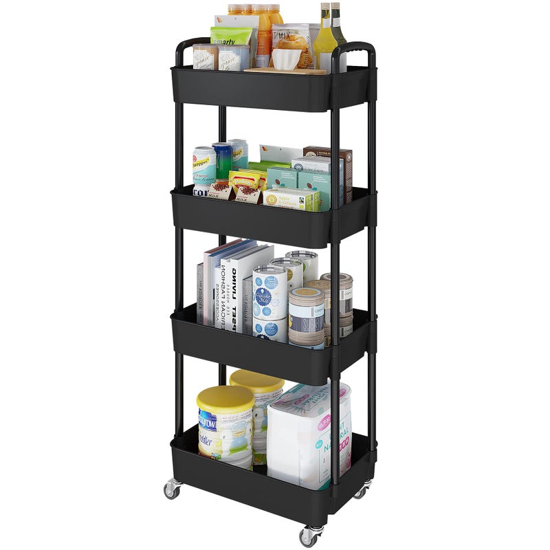 Laiensia 4Tier Rolling Cart with WheelsMultifunction Utility Storage carts Kitchen Storage OrganizerMobile Shelving Unit for BathroomLaundrywith Classified StickersBlack