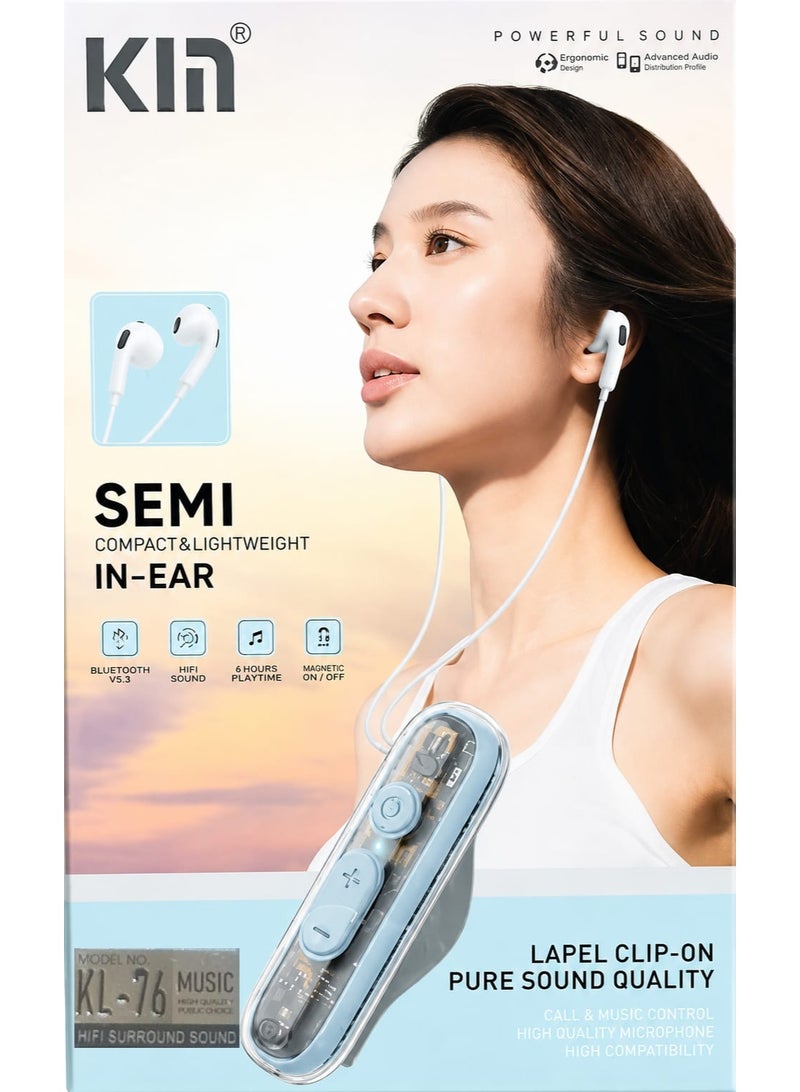 KIN KL-76 Bluetooth Clip-On Earphones – Bluetooth 5.4, HiFi Stereo Sound, Semi In-Ear Design, Smart Touch Control, Long Battery Life, – Blue