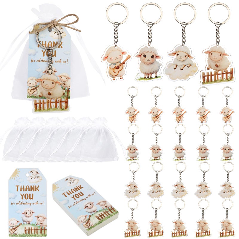 Serencatcher 24 Sets Sheep Party Favors Little Sheep Lamb Keychains Thank You Tags Organza Bags Gifts for Guests Lamb Farm Animal Themed Birthday Baby Shower Party Decorations