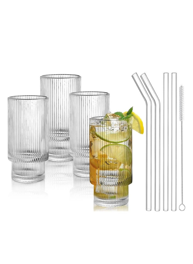 1Chase Set of 4 - 450 ML Ribbed Drinking Glasses with Glass Straws - Image 1