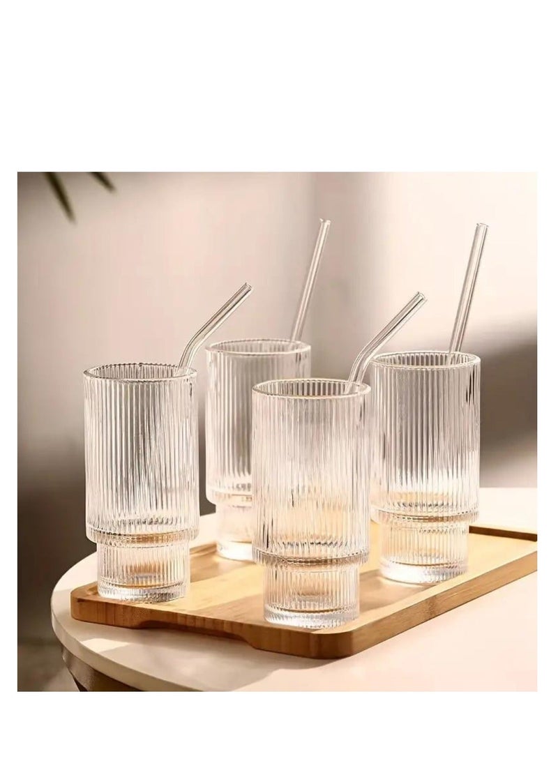 1Chase Set of 4 - 450 ML Ribbed Drinking Glasses with Glass Straws - Image 4