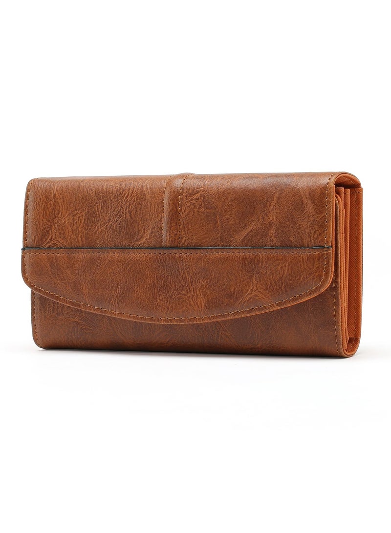 Leather Women's RFID Blocking Wallet, Long Clutch Bag with Multiple Card Slots, Large Capacity for Phone, Zipper Coin Pocket, Brown  - Image 1
