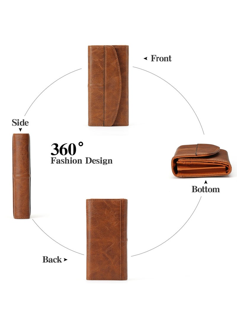 Leather Women's RFID Blocking Wallet, Long Clutch Bag with Multiple Card Slots, Large Capacity for Phone, Zipper Coin Pocket, Brown  - Image 5