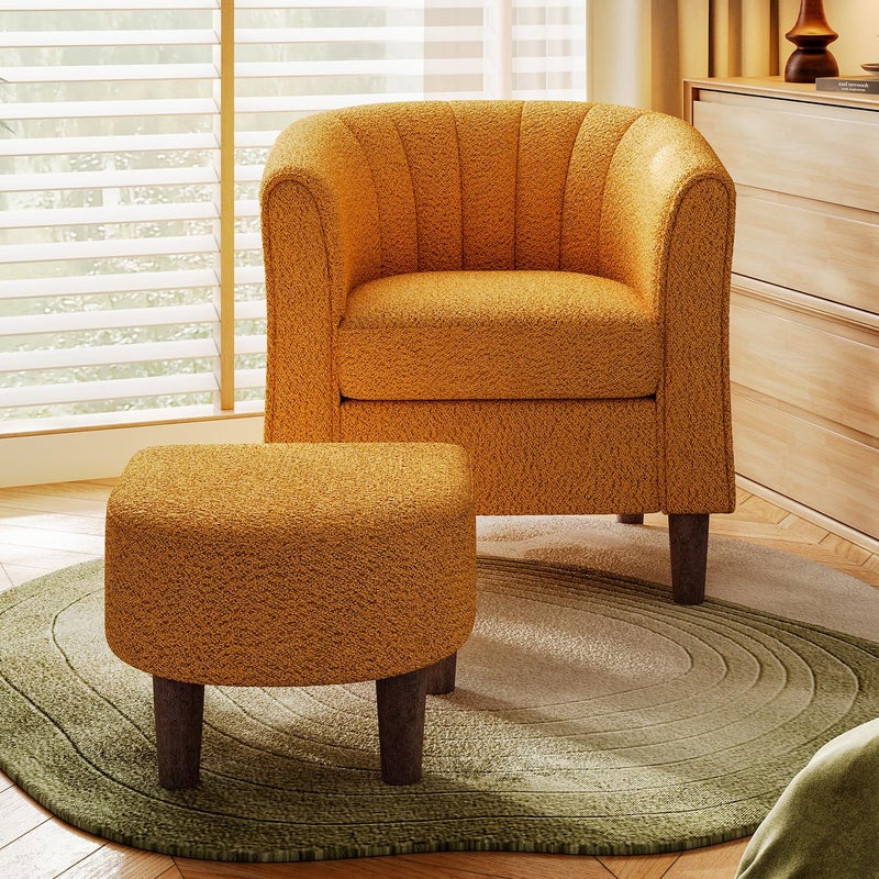LINSY Chenille Accent Chair Barrel Chair with Ottoman Modern Comfy Reading Chair Armchair for Living Room Study Room Office Dark Yellow
