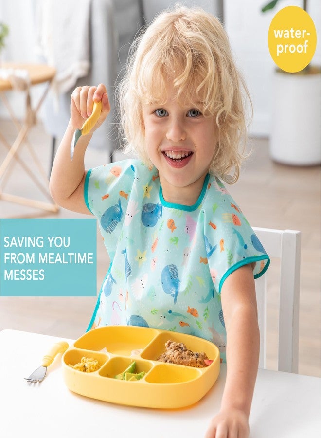 Bumkins Short Sleeve Bib for Girl or Boy, Toddler and Kids for 1-3 Years, Large Size, Essential Must Have for Junior Children, Eating, Mess Saving Soft Fabric Apron for Play, Ocean Life Blue - Image 2