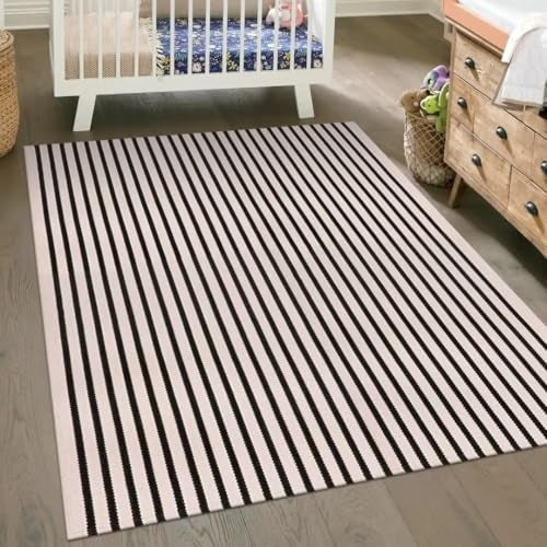 LEEVAN Washable Area Rug - 5'x8' Living Room & Bedroom Rug - Black & White Striped for Kitchen, Dining Room, Playroom, Mudroom, Entryway - Image 2