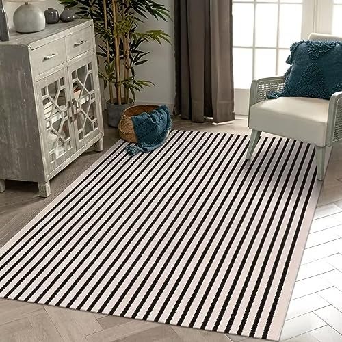 LEEVAN Washable Area Rug - 5'x8' Living Room & Bedroom Rug - Black & White Striped for Kitchen, Dining Room, Playroom, Mudroom, Entryway - Image 1