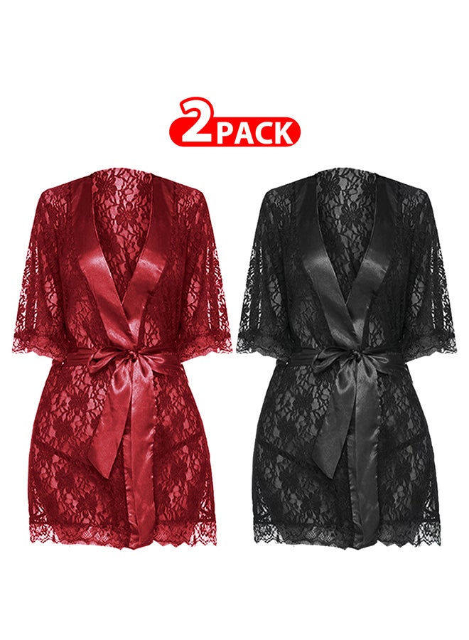 MARGOUN 2 Pack Womens XXL Size Robes Babydoll Robe Transparent Lace Deep V-Neck Short Lingerie Sleepwear Soft Kimono Bathrobe Dressing Gown Nightwear /XXL(bust 96-100/waist 80-84/hip 104-108)  - Image 1