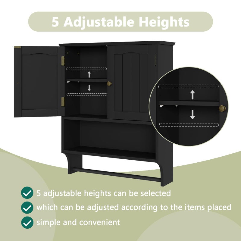 Smuxee Black Bathroom Cabinet Wall Mounted with Towels Bar, Medicine Cabinet with 2 Door Adjustable Shelves, Over Toilet Cabinet for Bathroom Laundry Room Kitchen - Image 3