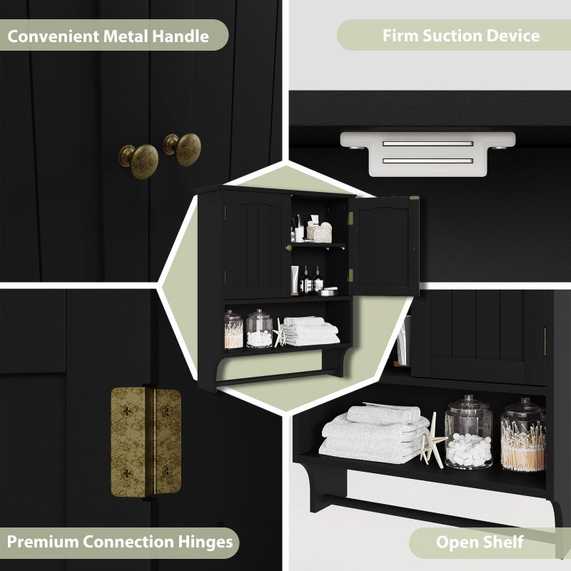 Smuxee Black Bathroom Cabinet Wall Mounted with Towels Bar, Medicine Cabinet with 2 Door Adjustable Shelves, Over Toilet Cabinet for Bathroom Laundry Room Kitchen - Image 4