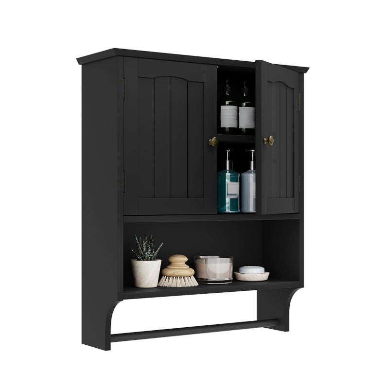 Smuxee Black Bathroom Cabinet Wall Mounted with Towels Bar, Medicine Cabinet with 2 Door Adjustable Shelves, Over Toilet Cabinet for Bathroom Laundry Room Kitchen - Image 1