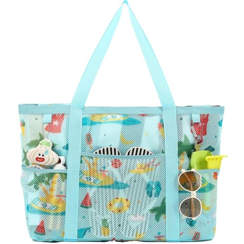 Fammart Mesh Beach Bag with Zipper for Women Large Beach Tote Sandproof Toys Pool Swim Bag Travel Vacation Cruise Essentials - Image 1