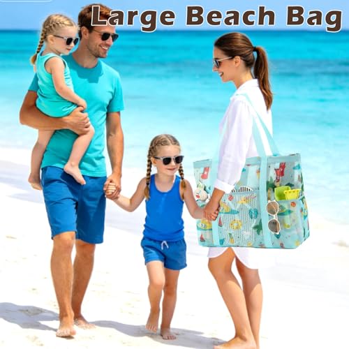Fammart Mesh Beach Bag with Zipper for Women Large Beach Tote Sandproof Toys Pool Swim Bag Travel Vacation Cruise Essentials - Image 3
