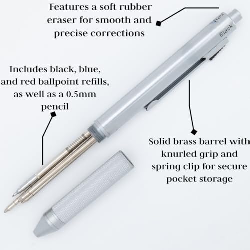 Monteverde USA Quadro 4-in-1 Multifunction Pen - Silver Finish - 3 Ballpoint Colors & Mechanical Pencil - Solid Brass Barrel with Knurled Grip - Refillable & Portable - Image 4