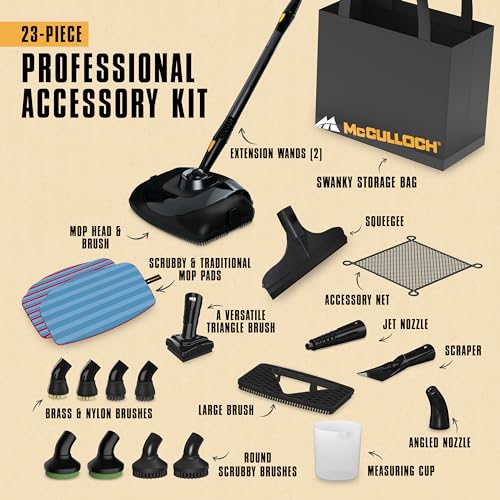 McCulloch MC1385 Deluxe Canister Steam Cleaner, 2-Hour Runtime, Chemical-Free, 23 Accessories: Mop Head, Brushes & More - Built for Home, Tile, Carpet, Furniture, & Personal Car Detailing - Image 3