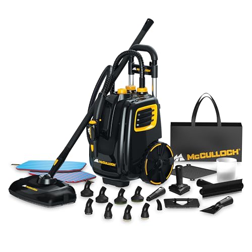 McCulloch MC1385 Deluxe Canister Steam Cleaner, 2-Hour Runtime, Chemical-Free, 23 Accessories: Mop Head, Brushes & More - Built for Home, Tile, Carpet, Furniture, & Personal Car Detailing - Image 1