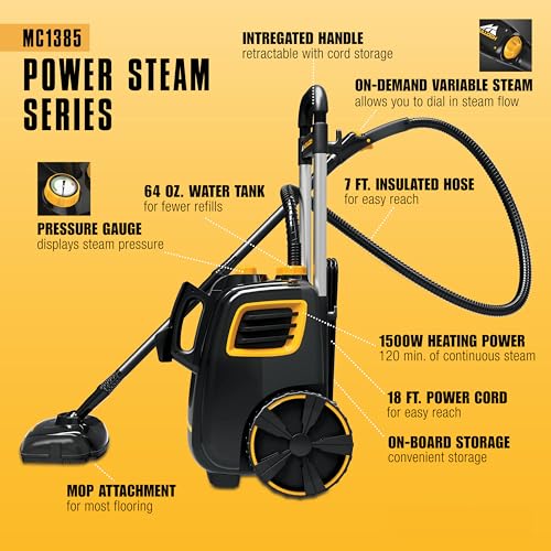 McCulloch MC1385 Deluxe Canister Steam Cleaner, 2-Hour Runtime, Chemical-Free, 23 Accessories: Mop Head, Brushes & More - Built for Home, Tile, Carpet, Furniture, & Personal Car Detailing - Image 4