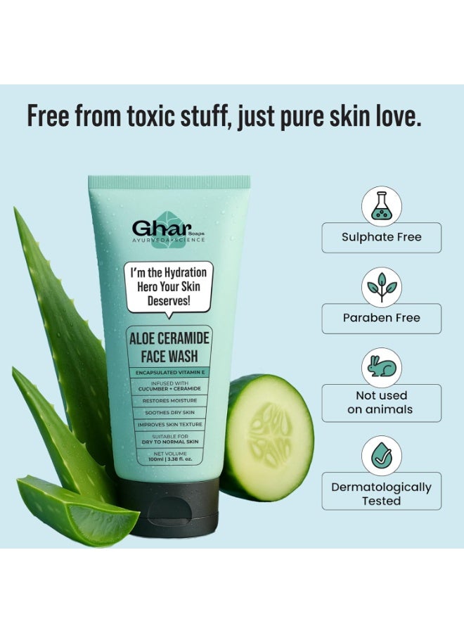 Ghar soaps Gharsoaps Aloe-Ceramide Face Wash for Dry to Normal Skin | Hydration Hero with Ceramides, Cucumber & Vitamin E | Soothing & Moisturizing Cleanser | 100ml - Image 3