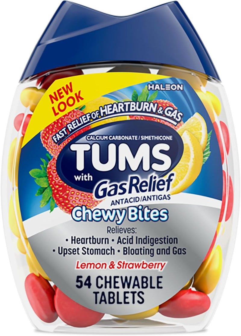 TUMS Chewy Bites Chewable Antacid Tablets with Gas Relief, Lemon & Strawberry - 54 Count - Image 1